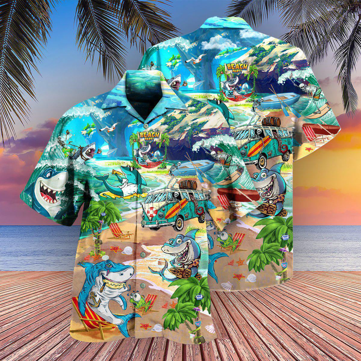 Shark Skeletons Beach Party Hawaiian Shirt Artwork View For Weekend Travel And Beach Style