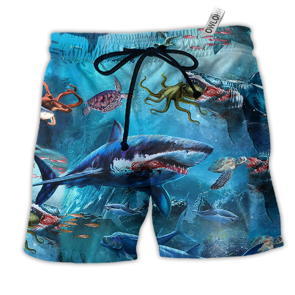 Shark Assassin Style Blue Hawaiian Print Beach Shorts For Seaside Summer Adventures