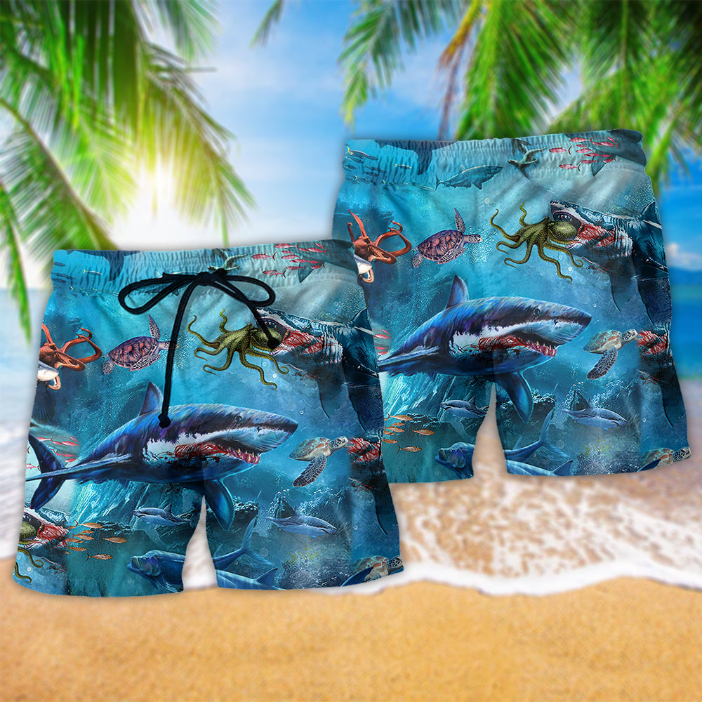 Shark Assassin Style Blue Hawaiian Print Beach Shorts For Beach Days And Coastal Travel