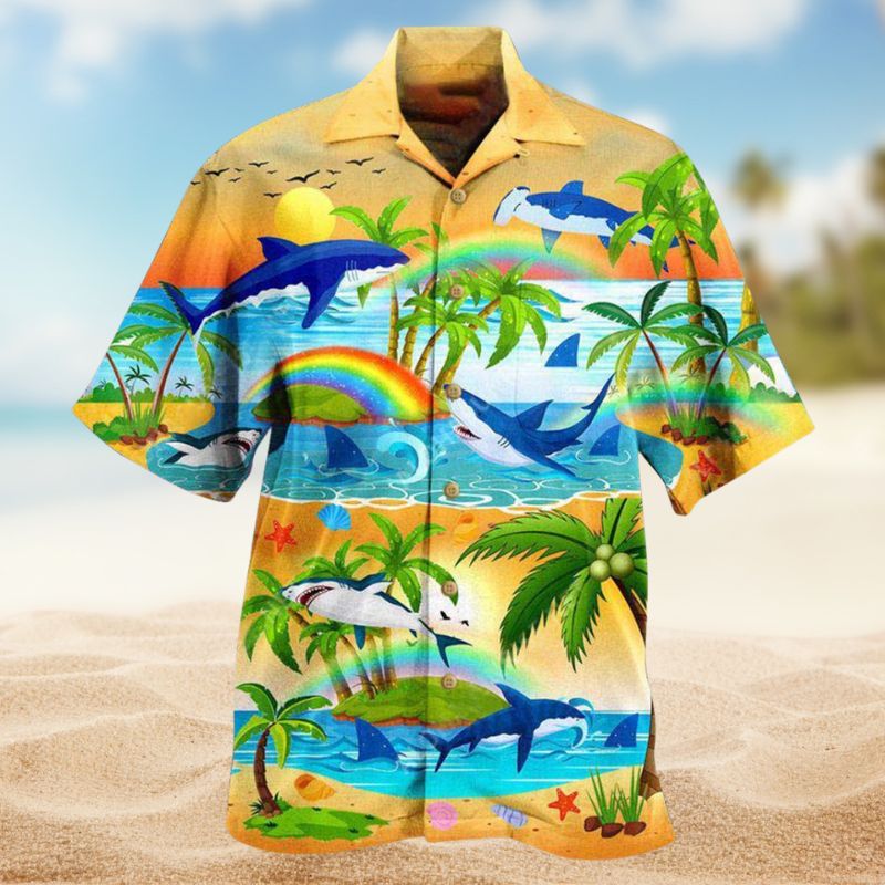 Sharks Bright Rainbow Hawaiian Shirt For Island Vacations, Resort Wear, And Relaxed Seasonal Style