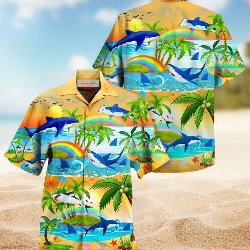 Sharks Bright Rainbow Hawaiian Shirt For Island Vacations, Resort Wear, And Relaxed Seasonal Style