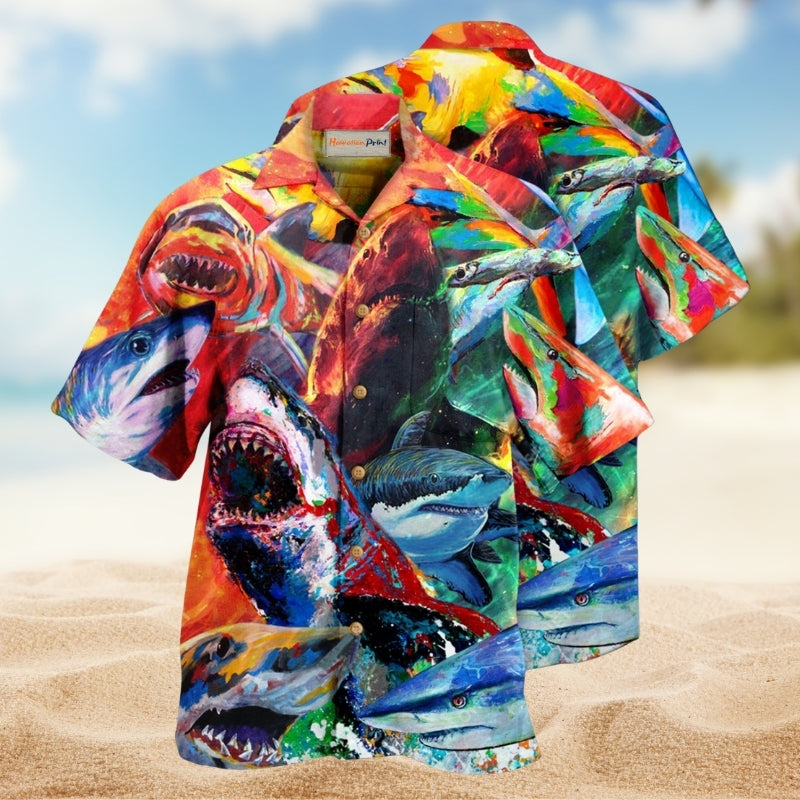 Sharks Colorful Just Wanna Have Fun Hawaiian Shirt For Summer Vacation Beach Travel And Relaxed Casual Wear