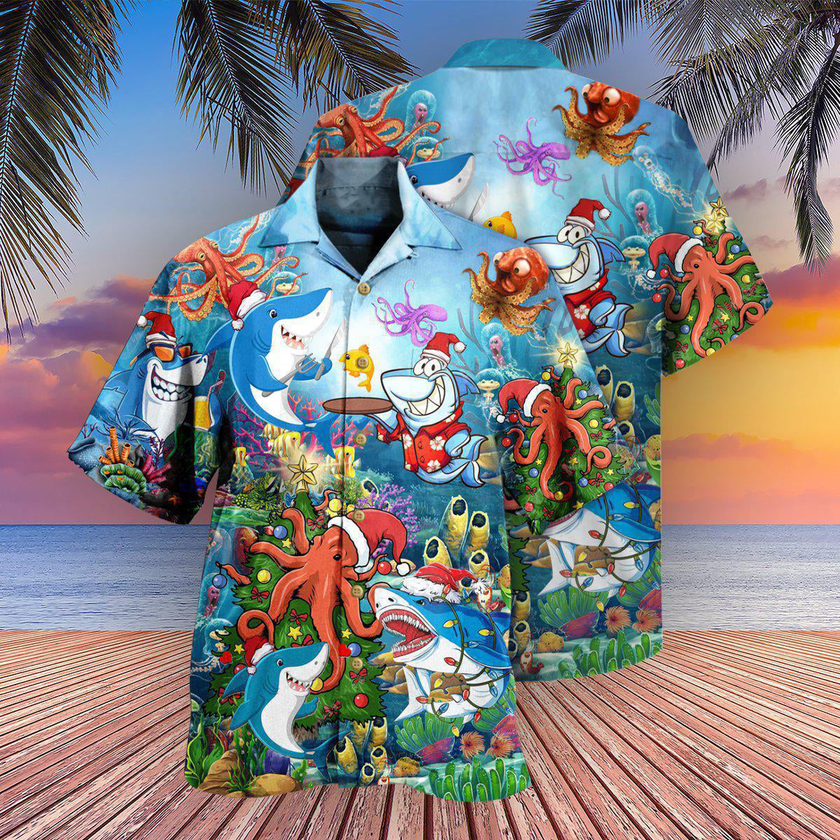Happy Shark New Year Celebration Hawaiian Shirt Design Detail For Beach Days And Holiday Travel