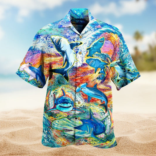 Watercolor Colorful Sharks Hawaiian Shirt For Resort Trips, Coastal Parties, And Warm Weather Style