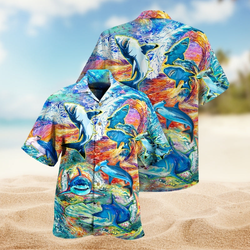 Watercolor Colorful Sharks Hawaiian Shirt For Resort Trips, Coastal Parties, And Warm Weather Style