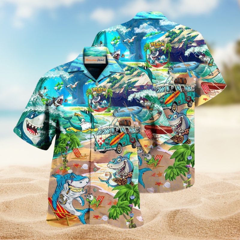 Sharks Skeletons Beach Party Hawaiian Shirt For Summer Vacation, Beach Travel, And Casual Wear