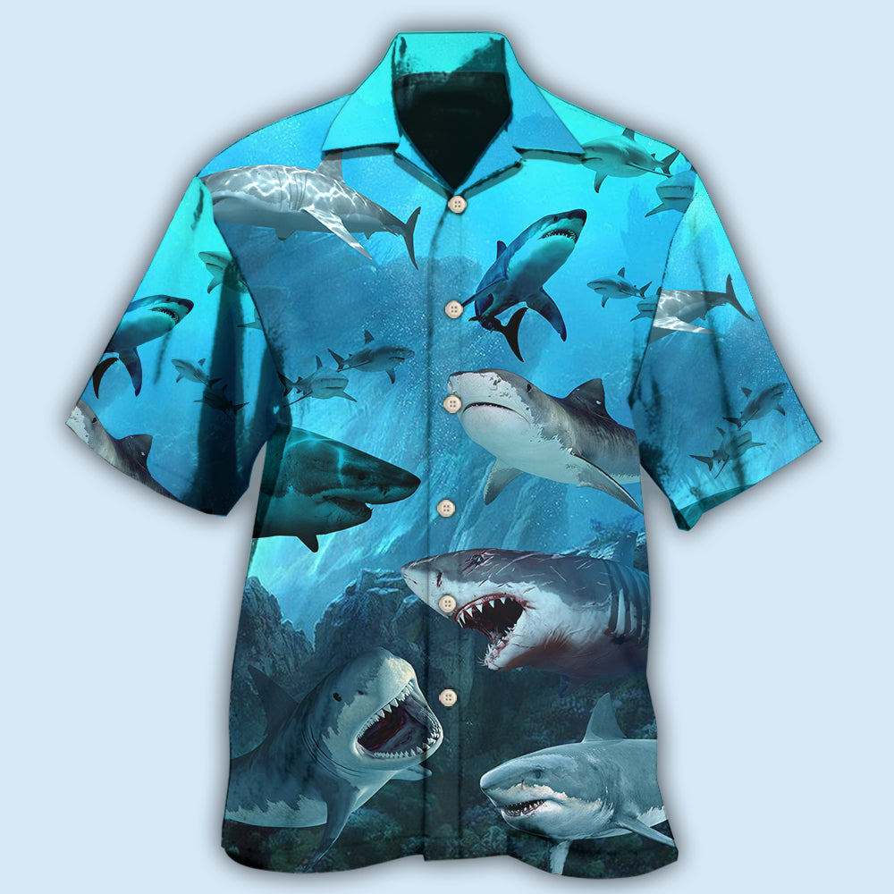 Shark Blue Fresh Ocean Hawaiian Shirt For Summer Vacation, Beach Travel, And Casual Wear