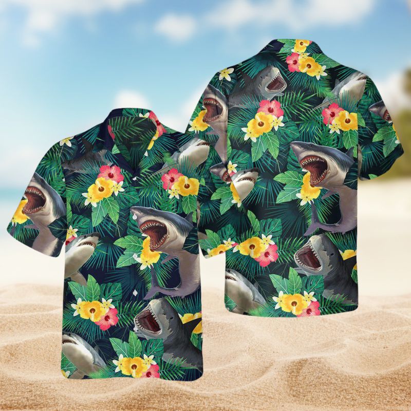 Tropical Summer Sharks Hawaiian Shirt For Tropical Holidays, Outdoor Gatherings, And Everyday Comfort