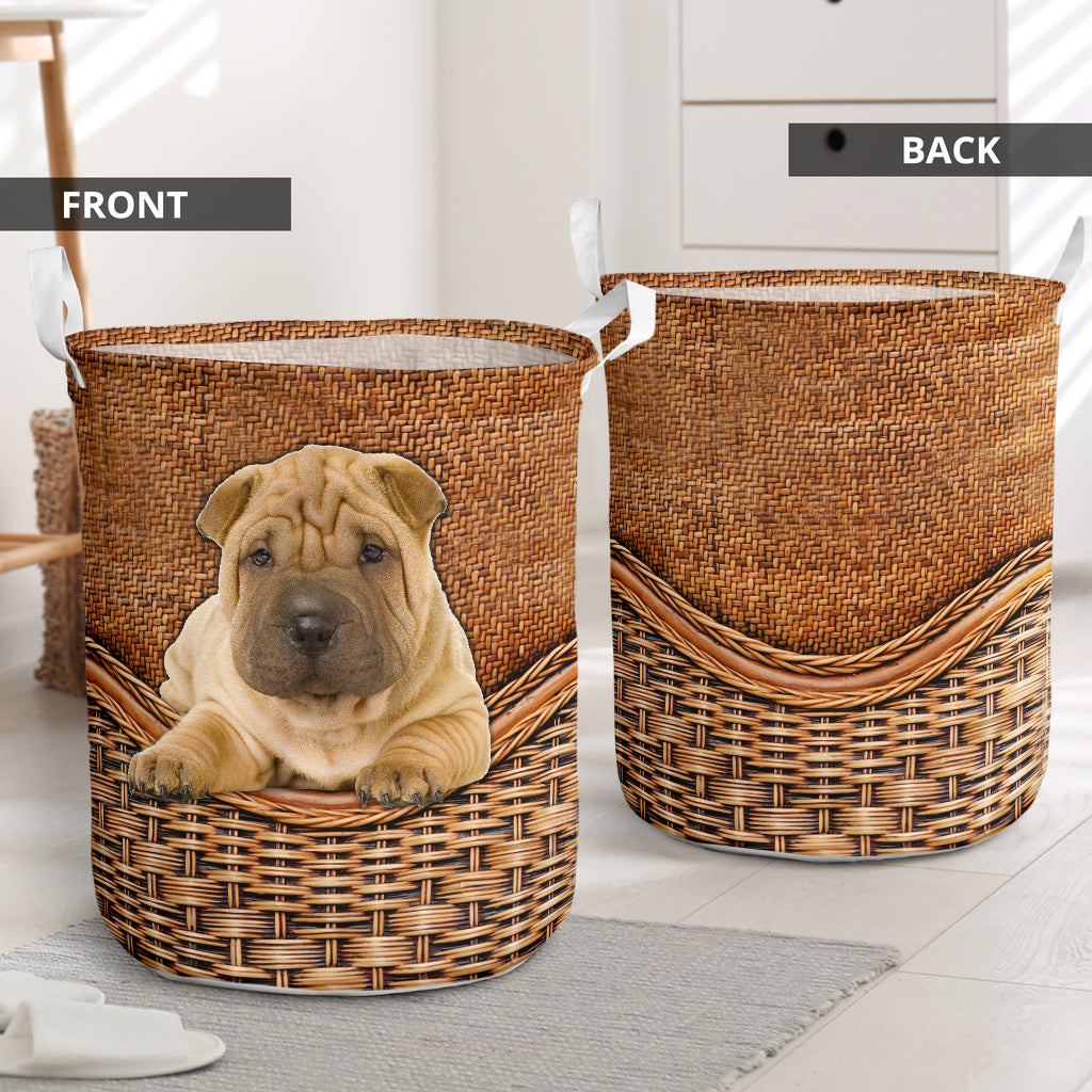 Shar Pei Dog Rattan Texture Laundry Basket For Room Home Organizer