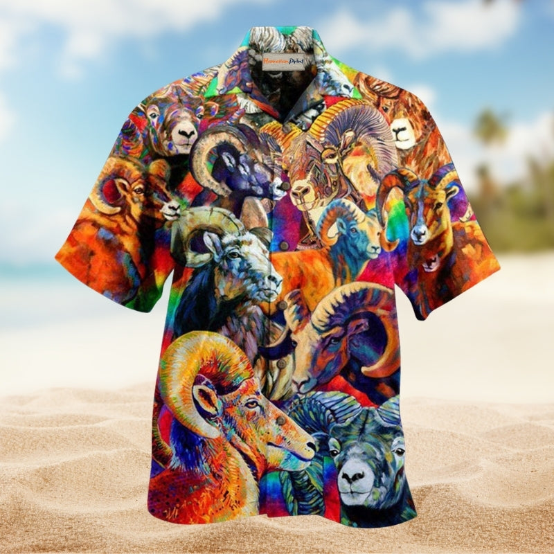 Sheep Colorful Big Horn Hawaiian Shirt For Resort Travel Summer Events And Thoughtful Casual Gifting
