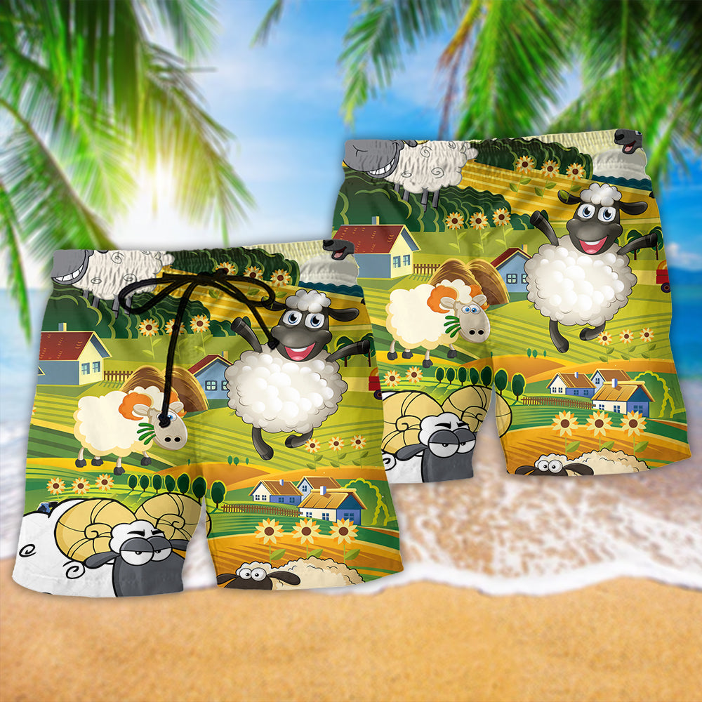 Sheep Happiness Peaceful Landscape Beach Shorts Pattern View For Vacation Travel And Outdoor Fun