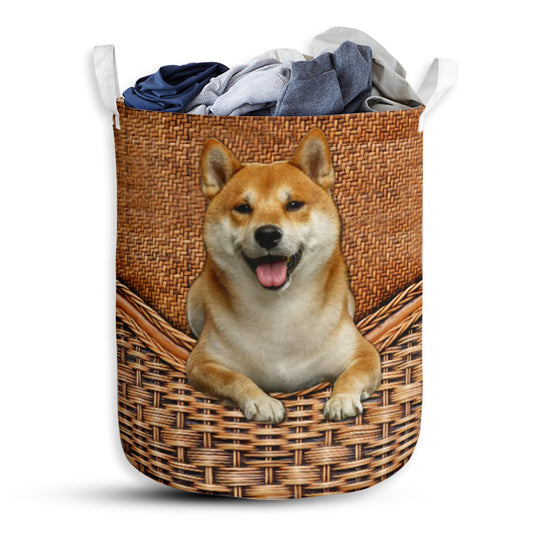 Shiba Dog Rattan Texture Laundry Basket For Bathroom Bedroom Storage