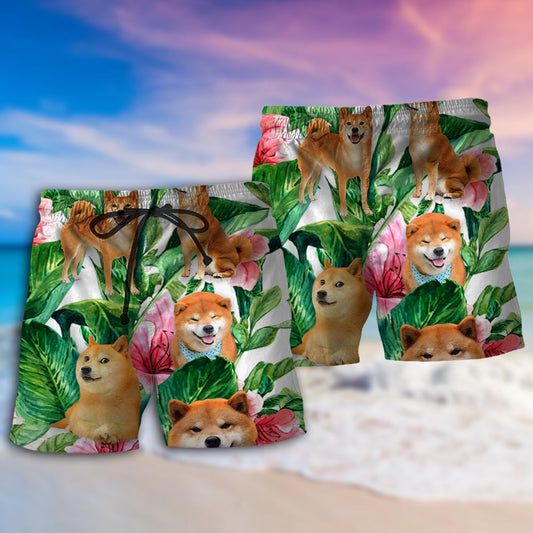 Shiba Inu Tropical Leaf Dog Beach Shorts Artwork Detail For Tropical Travel And Everyday Wear