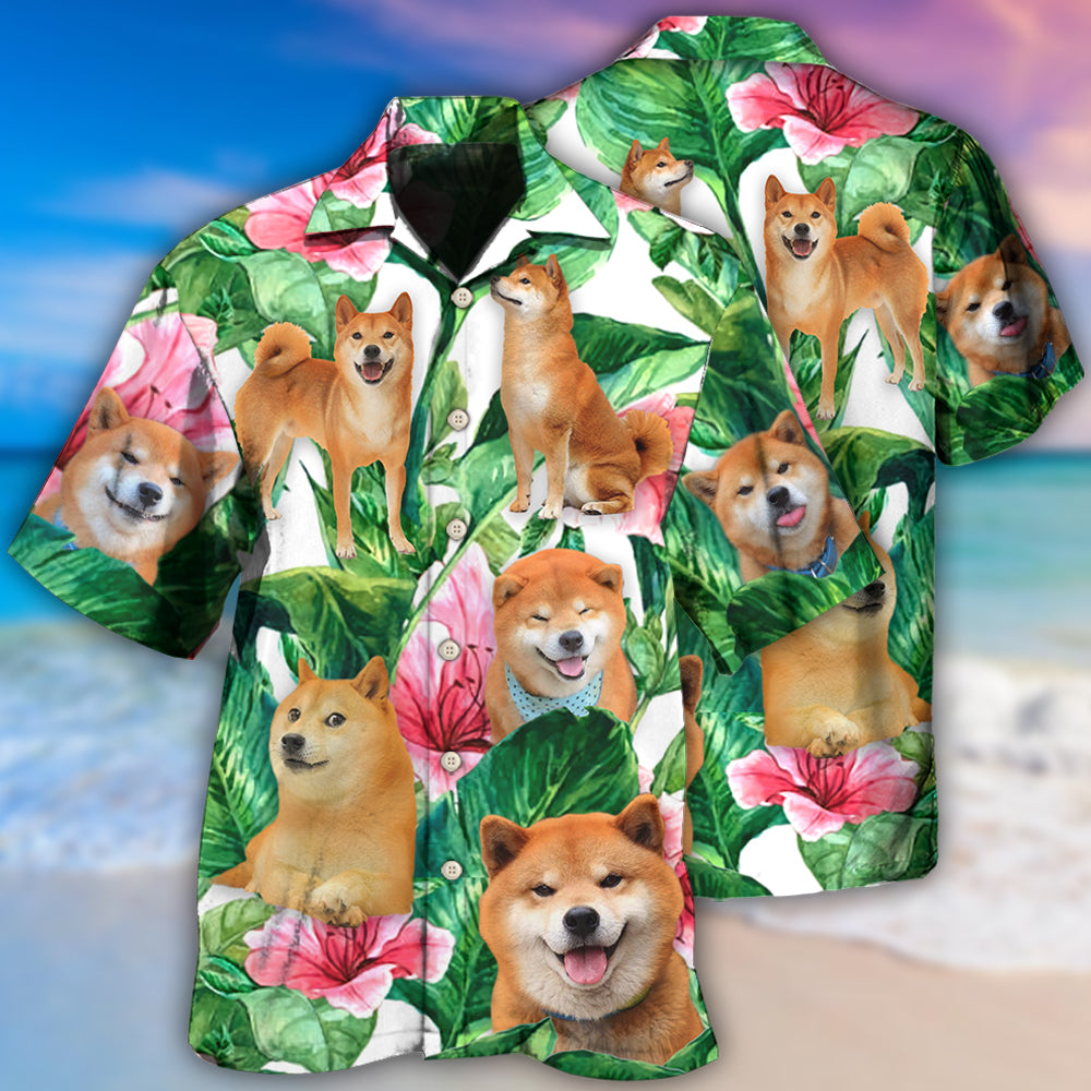 Tropical Floral Shiba Inu Leaf Hawaiian Shirt For Beach Parties And Weekend Getaways
