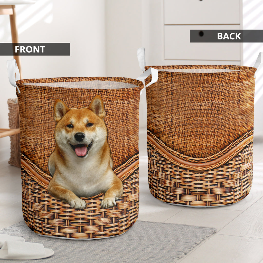 Shiba Dog Rattan Texture Laundry Basket For Room Home Organizer