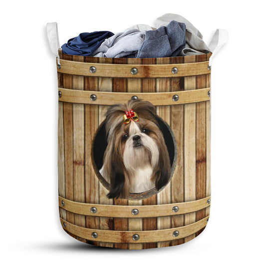 Shih Tzu Wooden Barrel Laundry Basket For Bathroom Bedroom Storage