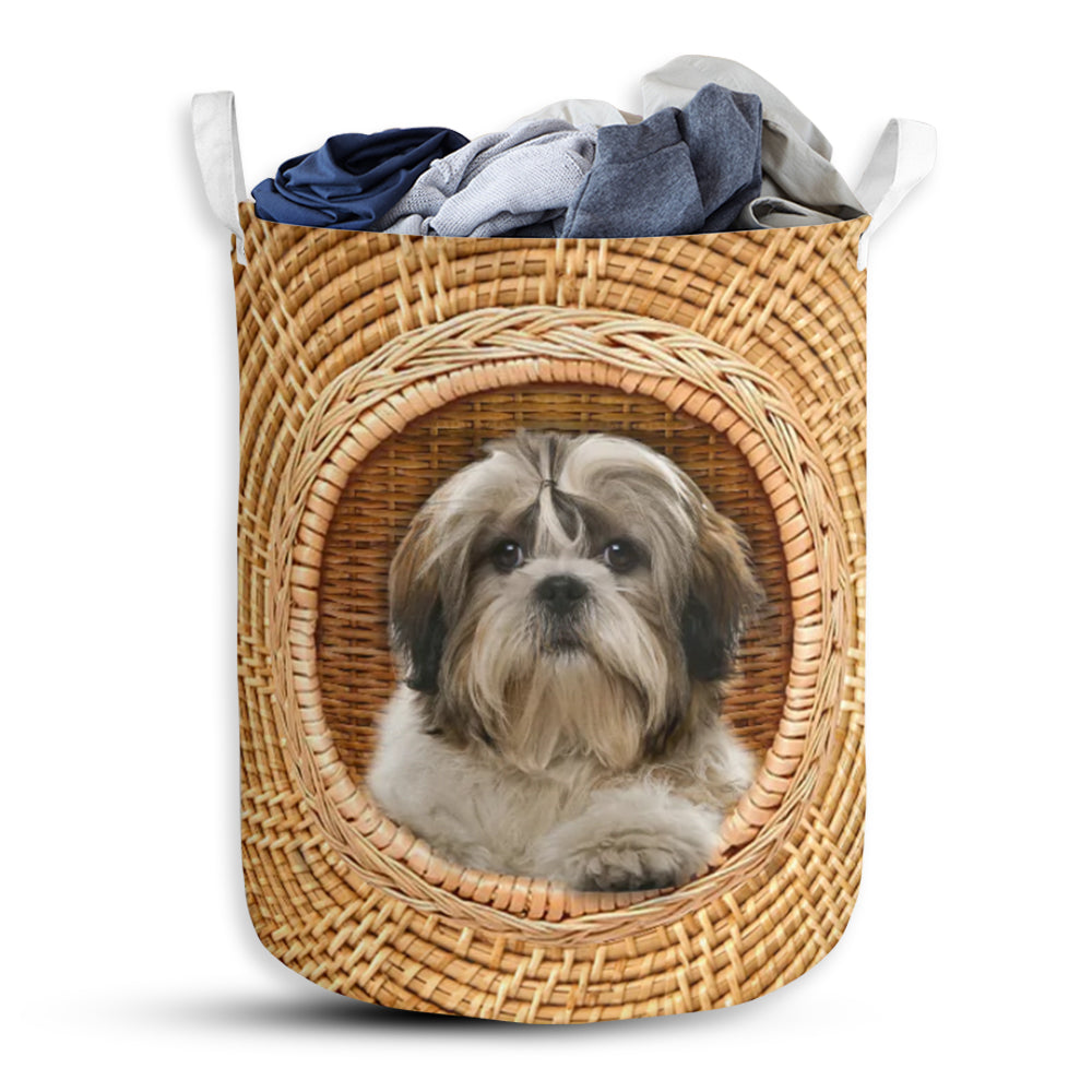 Shih Tzu Dog Bamboo Wave Laundry Basket For Bathroom Bedroom Storage