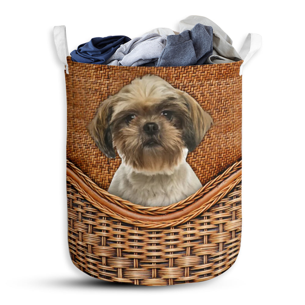Shih Tzu Dog Rattan Texture Laundry Basket For Bathroom Bedroom Storage