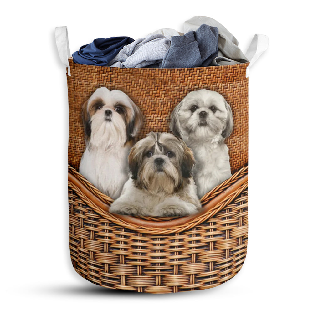Shih Tzu Dog Rattan Texture So Cute Laundry Basket For Bathroom Bedroom Storage
