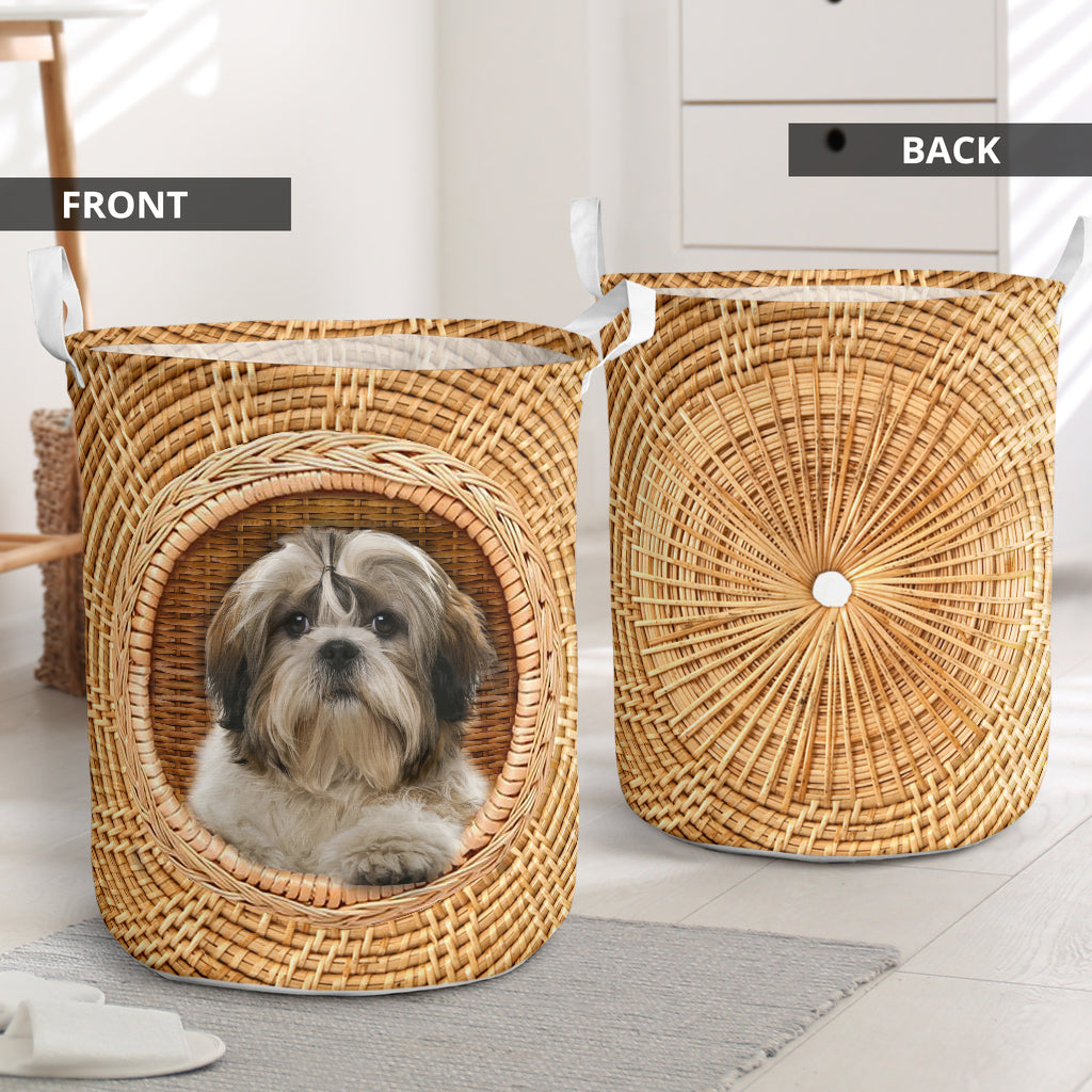 Shih Tzu Dog Bamboo Wave Laundry Basket For Room Home Organizer