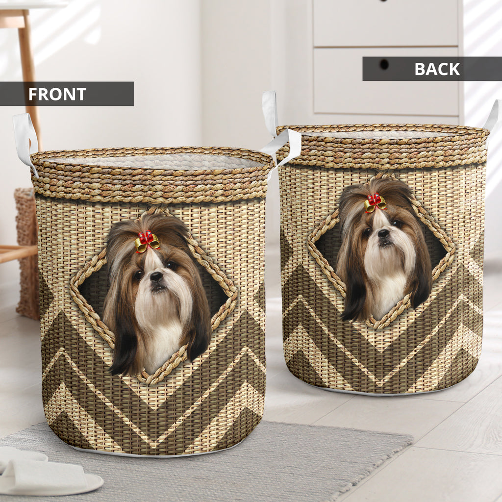 Shih Tzu Wicker Texture Hole Laundry Basket For Room Home Organizer