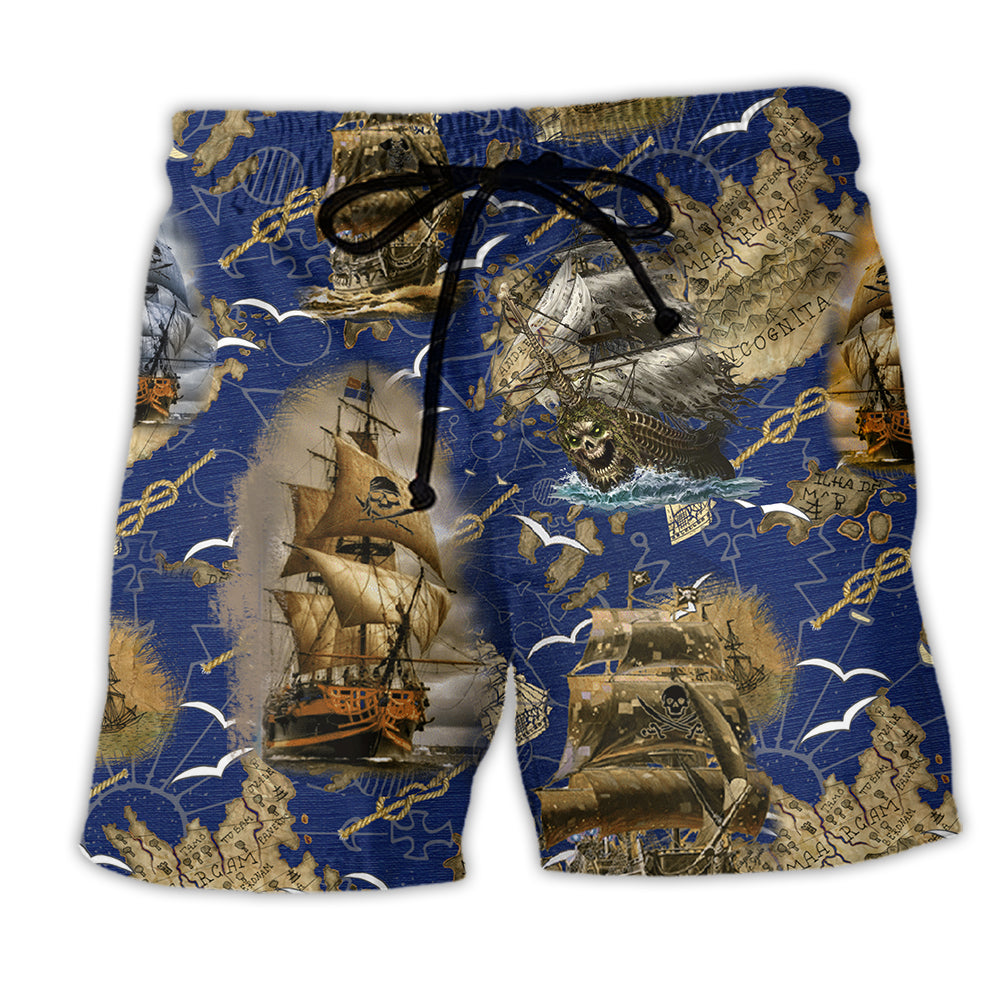Pirate Ship Sea Beach Shorts Pattern View For Relaxed Vacation Styling