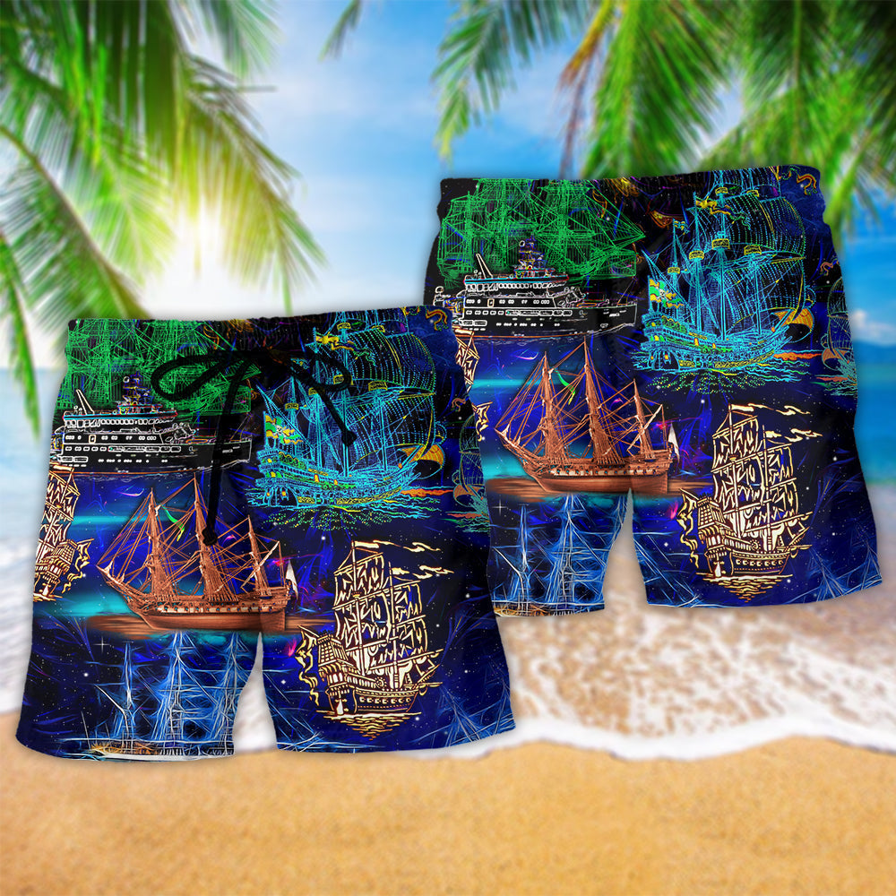 Ship Ocean Neon Beach Shorts Pattern Detail For Island Trips And Flexible Everyday Wear