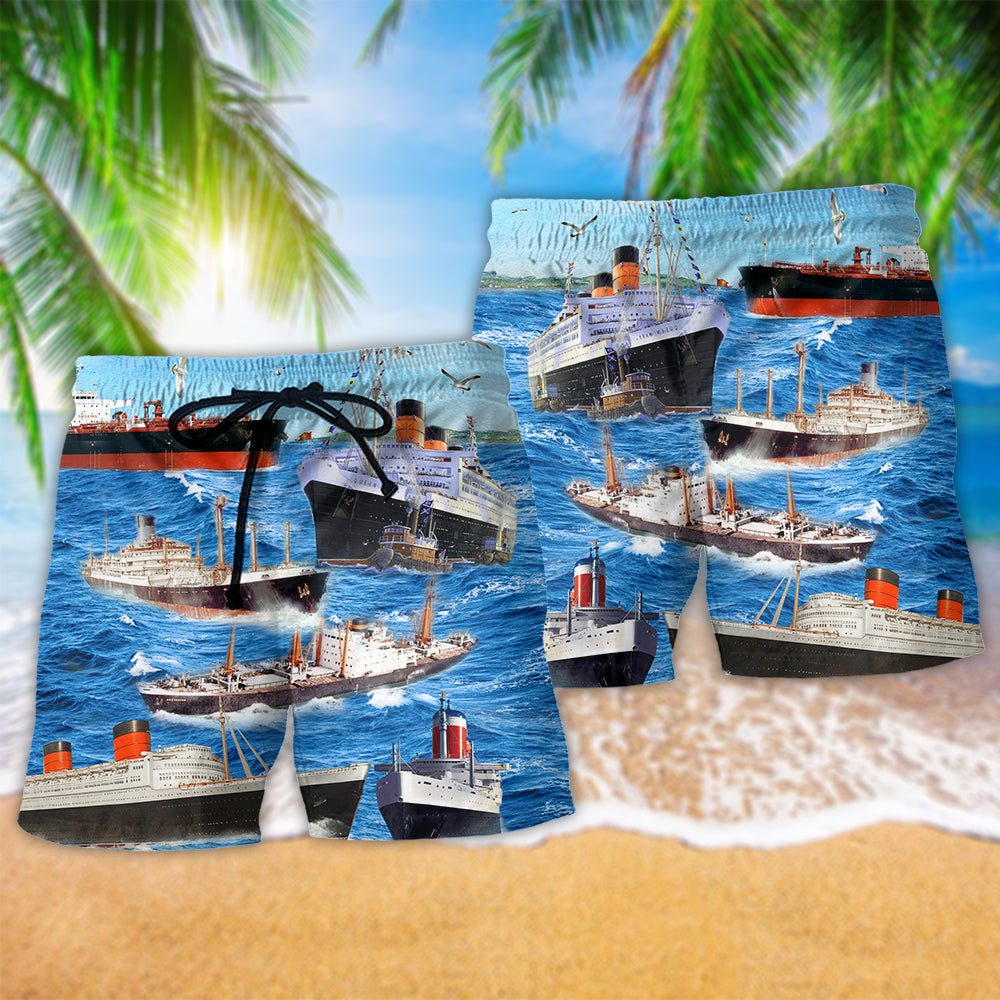 Ship Love Ocean And Sky Hawaiian Print Beach Shorts For Tropical Coastal Getaways