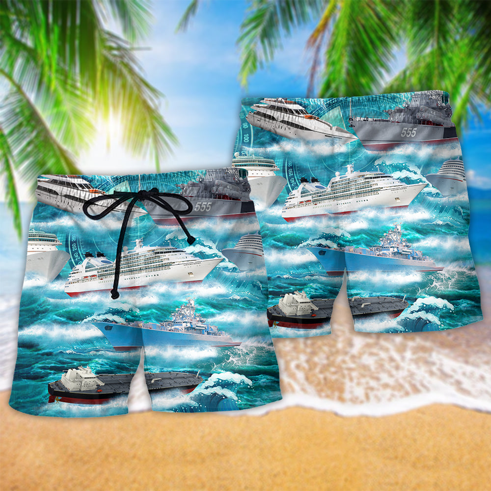 Ship Over Sea Style Hawaiian Print Beach Shorts For Ocean Lover Vacation Wear