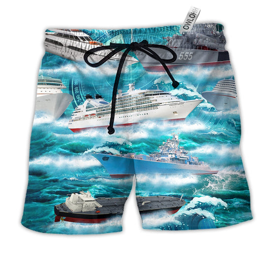 Ship Over Sea Style Hawaiian Print Beach Shorts For Beach Days And Coastal Travel