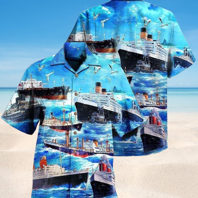 Ships Ocean Sky Hawaiian Shirt For Coastal Travel, Casual Events, And Comfortable Summer Wear