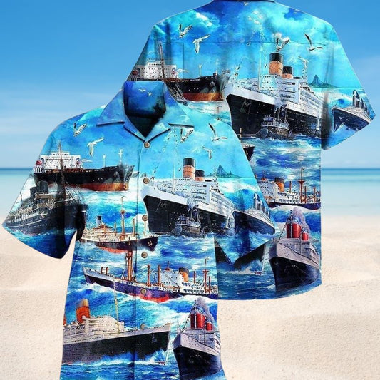Ships Ocean Sky Hawaiian Shirt For Coastal Travel, Casual Events, And Comfortable Summer Wear