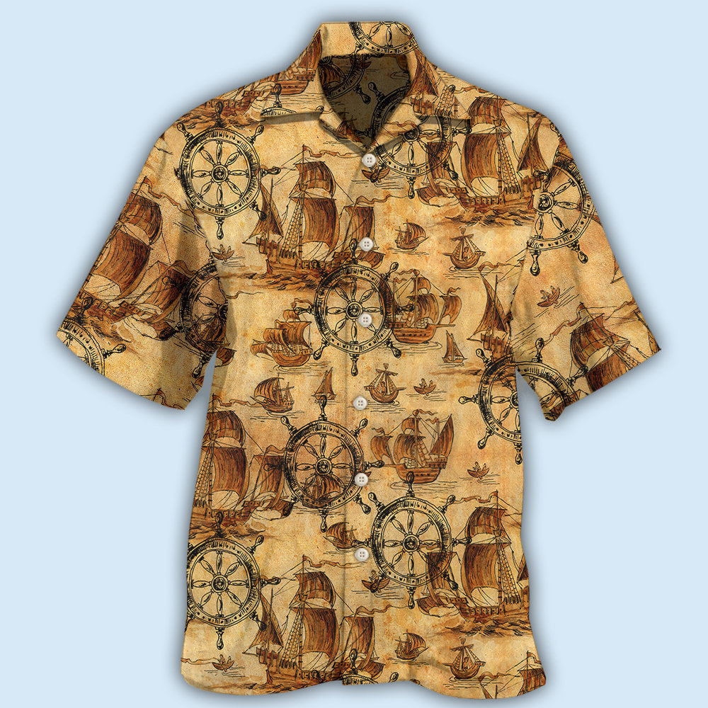 Vintage Ship Wheel Sea Hawaiian Shirt Artwork View For Weekend Travel And Beach Style