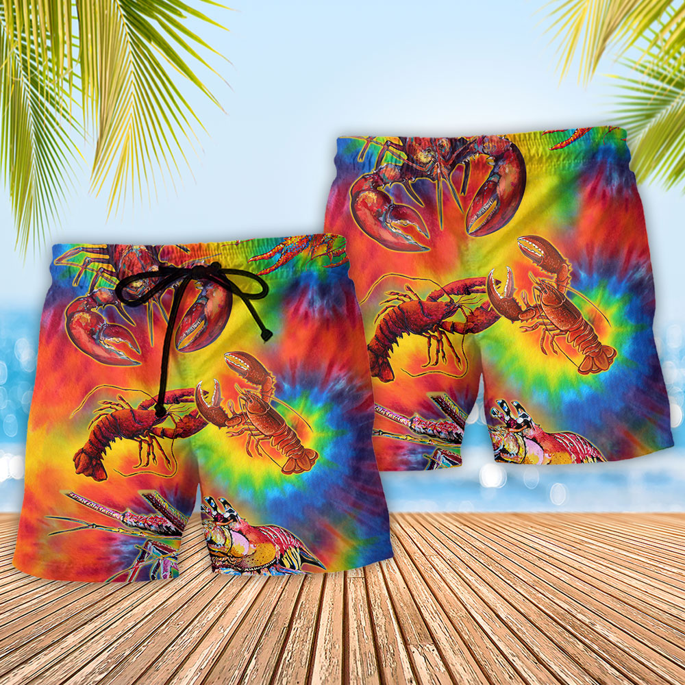 Red Shrimp Rainbow Colorful Beach Shorts Pattern Detail For Beachside Relaxation And Warm Weather Wardrobe