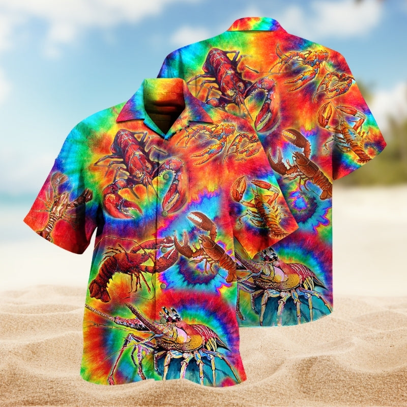 Shrimp Red Rainbow Hawaiian Shirt For Resort Trips, Coastal Parties, And Warm Weather Style
