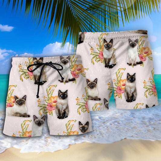 Siamese Cat Tropical Floral Beach Shorts Pattern Detail For Sunny Outdoor Activities