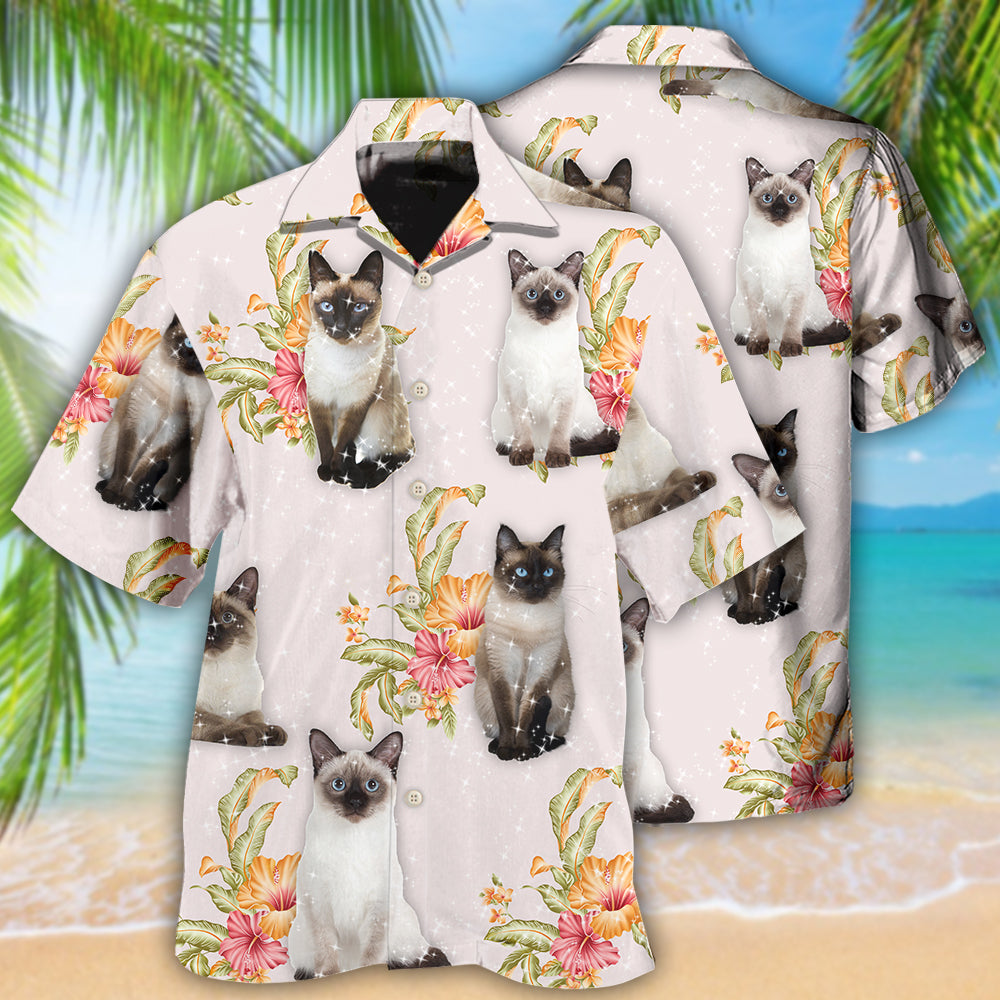 Floral Tropical Siamese Cat Hawaiian Shirt For Summer Vacation, Beach Travel, And Casual Wear