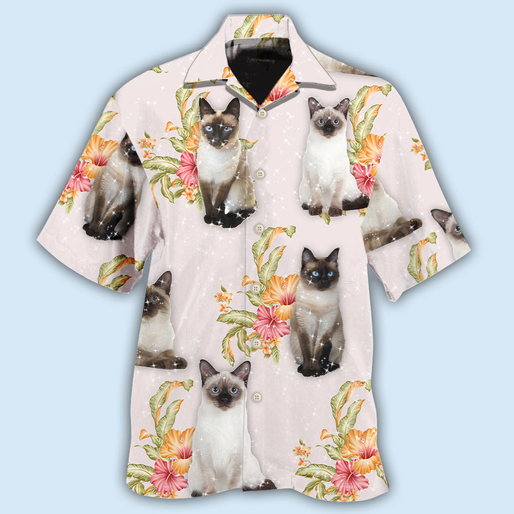 Floral Tropical Siamese Cat Hawaiian Shirt For Summer Vacation, Beach Travel, And Casual Wear