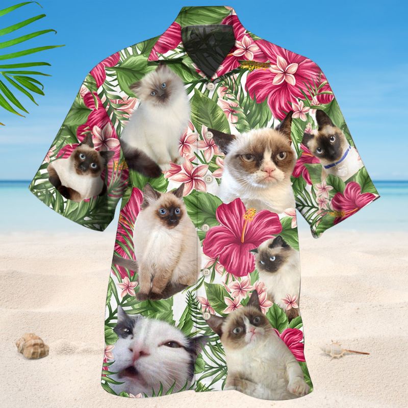 Floral Tropical Siamese Cat Hawaiian Shirt For Resort Trips, Coastal Parties, And Warm Weather Style