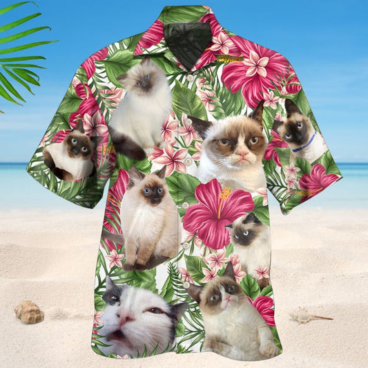 Floral Tropical Siamese Cat Hawaiian Shirt For Resort Trips, Coastal Parties, And Warm Weather Style