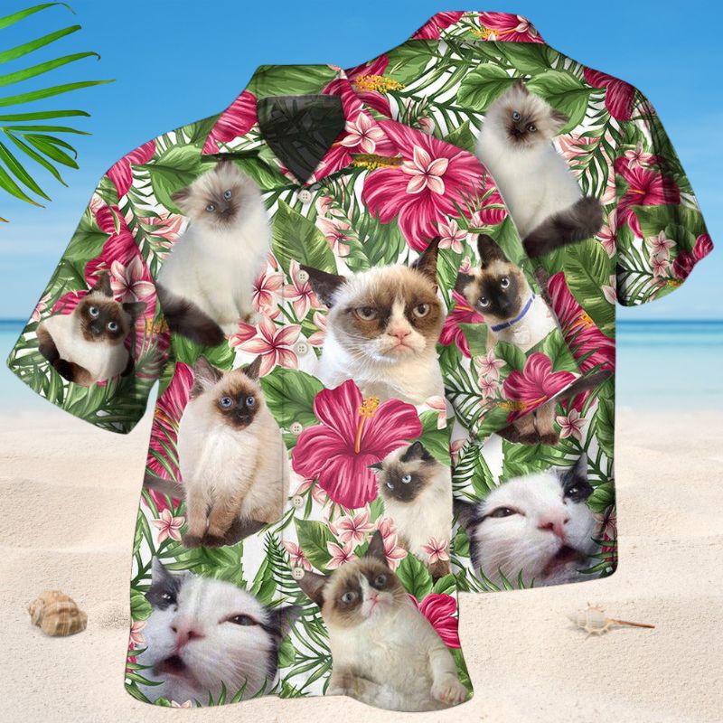 Floral Tropical Siamese Cat Hawaiian Shirt For Resort Trips, Coastal Parties, And Warm Weather Style