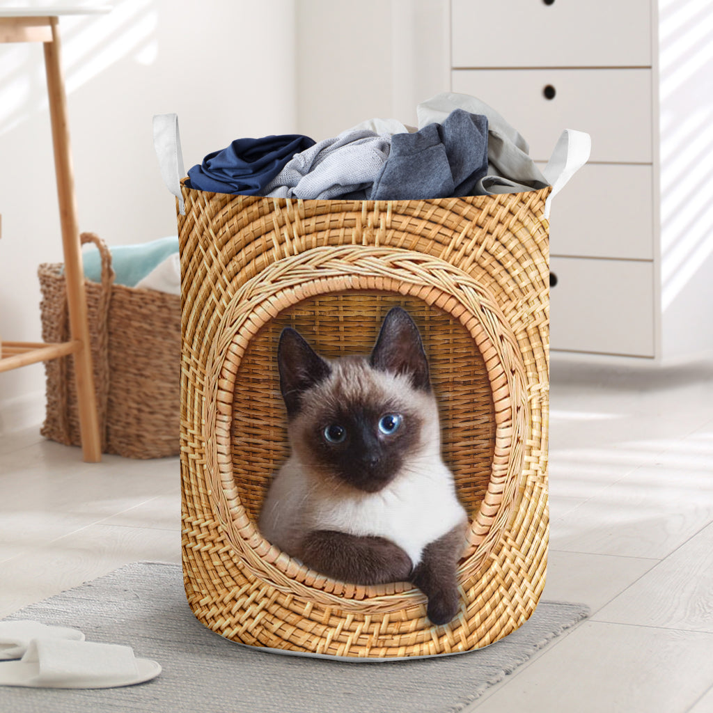 Cat Cute Siamese Cat Bamboo Wave Laundry Basket For Room Home Organizer