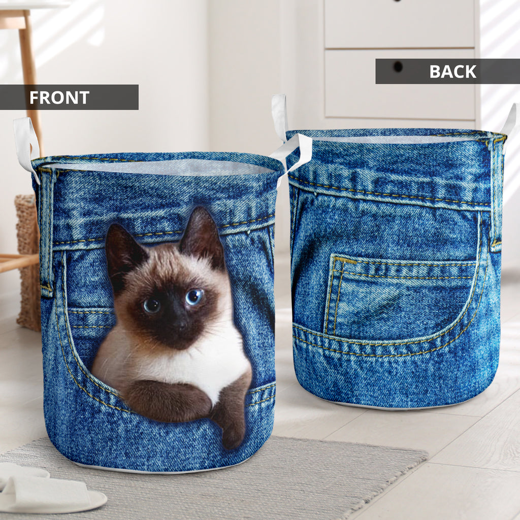 Cat Cute Siamese Cat Jean Pocket Laundry Basket For Room Home Organizer
