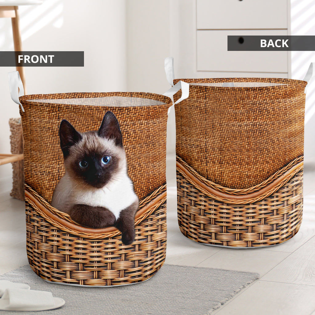 Siamese Cat Rattan Texture Laundry Basket For Room Home Organizer