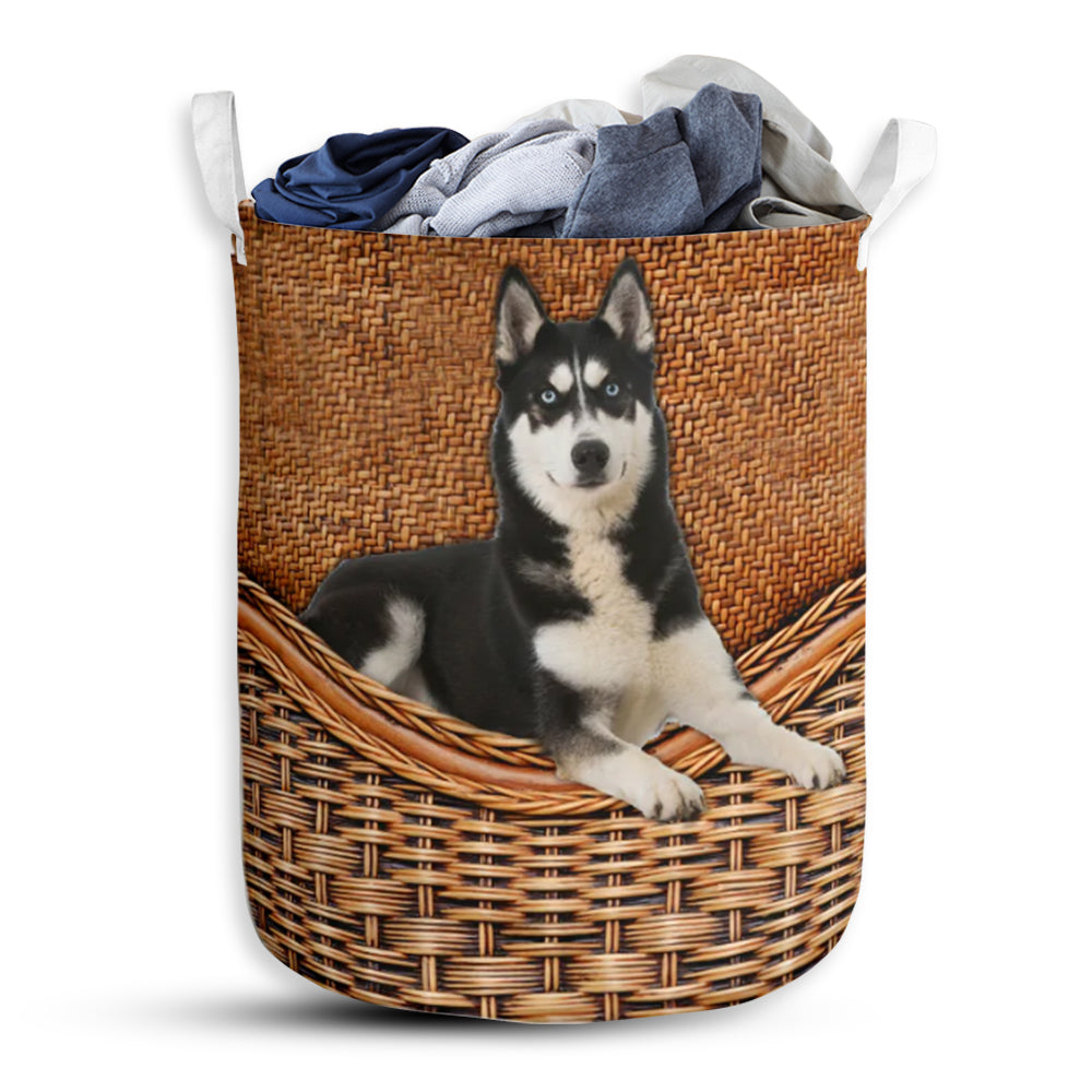 Siberian Husky Dog Rattan Texture Laundry Basket For Bathroom Bedroom Storage