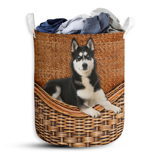 Siberian Husky Dog Rattan Texture Laundry Basket For Bathroom Bedroom Storage