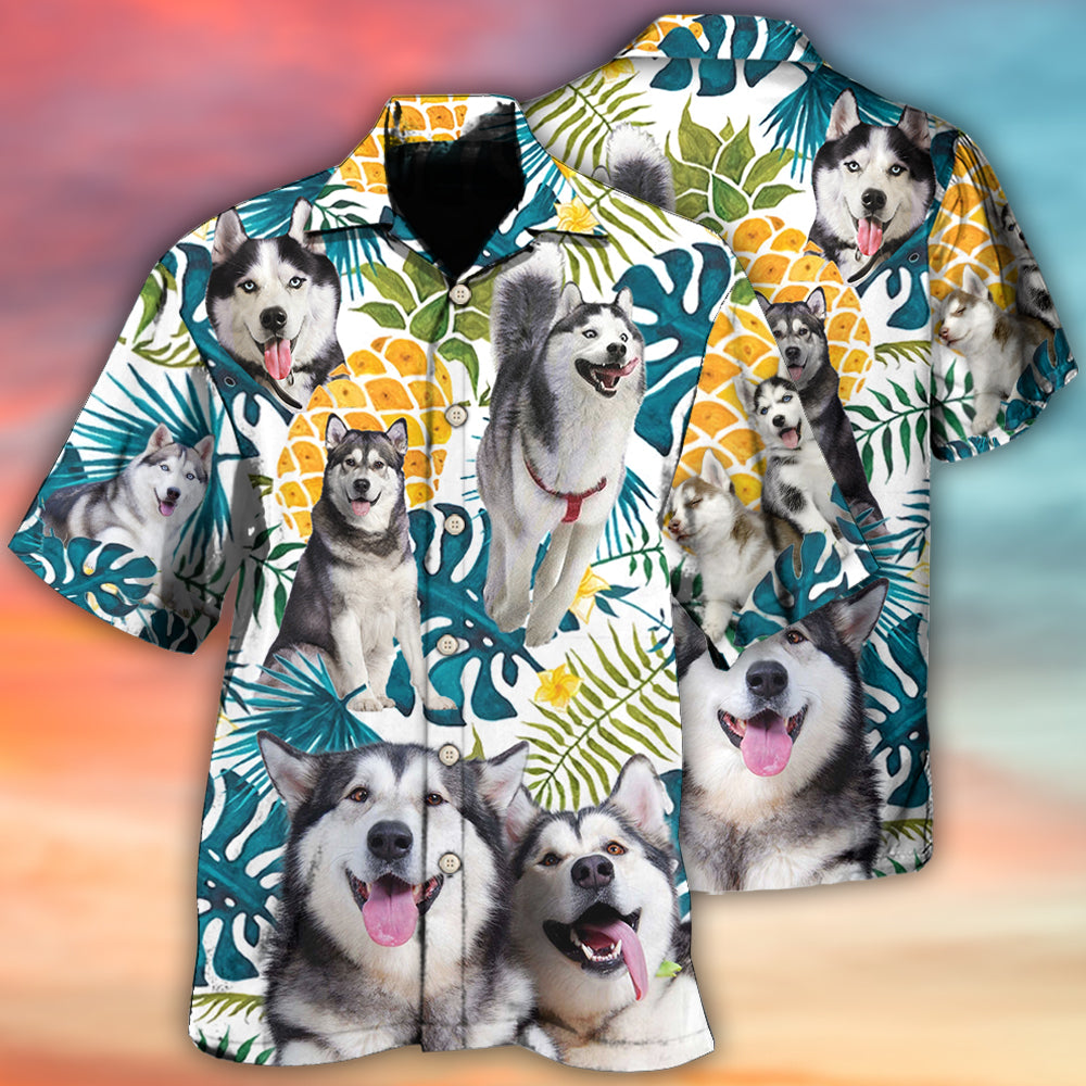 Tropical Funny Husky Leaf Hawaiian Shirt For Tropical Holidays, Resort Trips, And Relaxed Coastal Style
