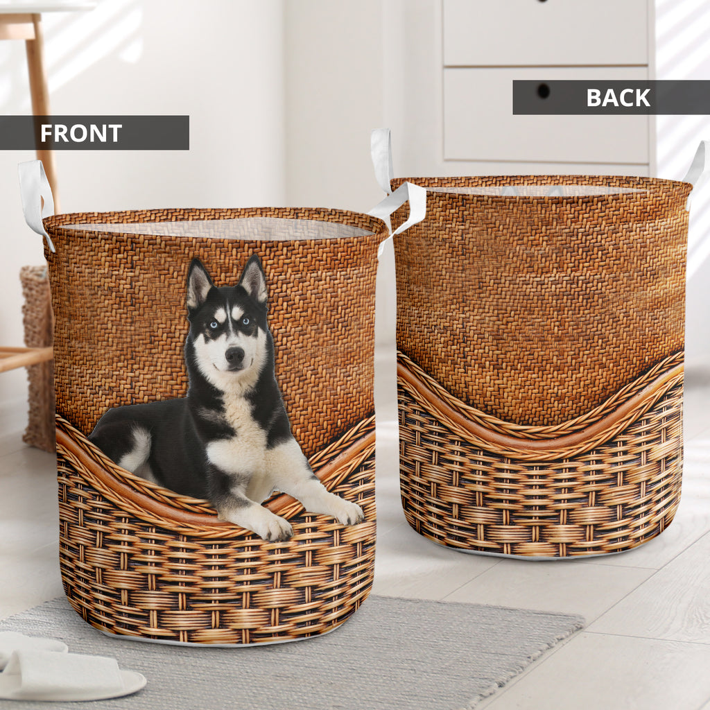 Siberian Husky Dog Rattan Texture Laundry Basket For Room Home Organizer