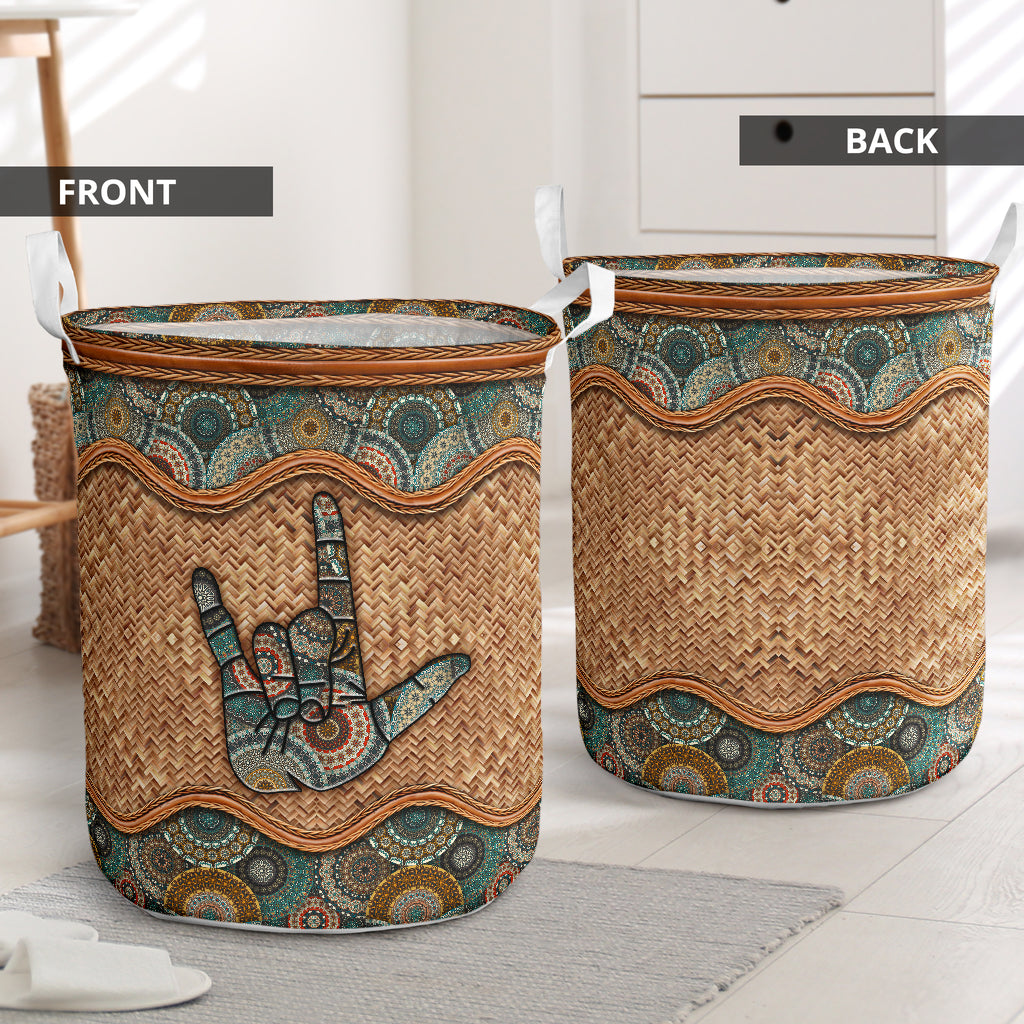 Sign Language Rattan Mandala Laundry Basket For Room Home Organizer
