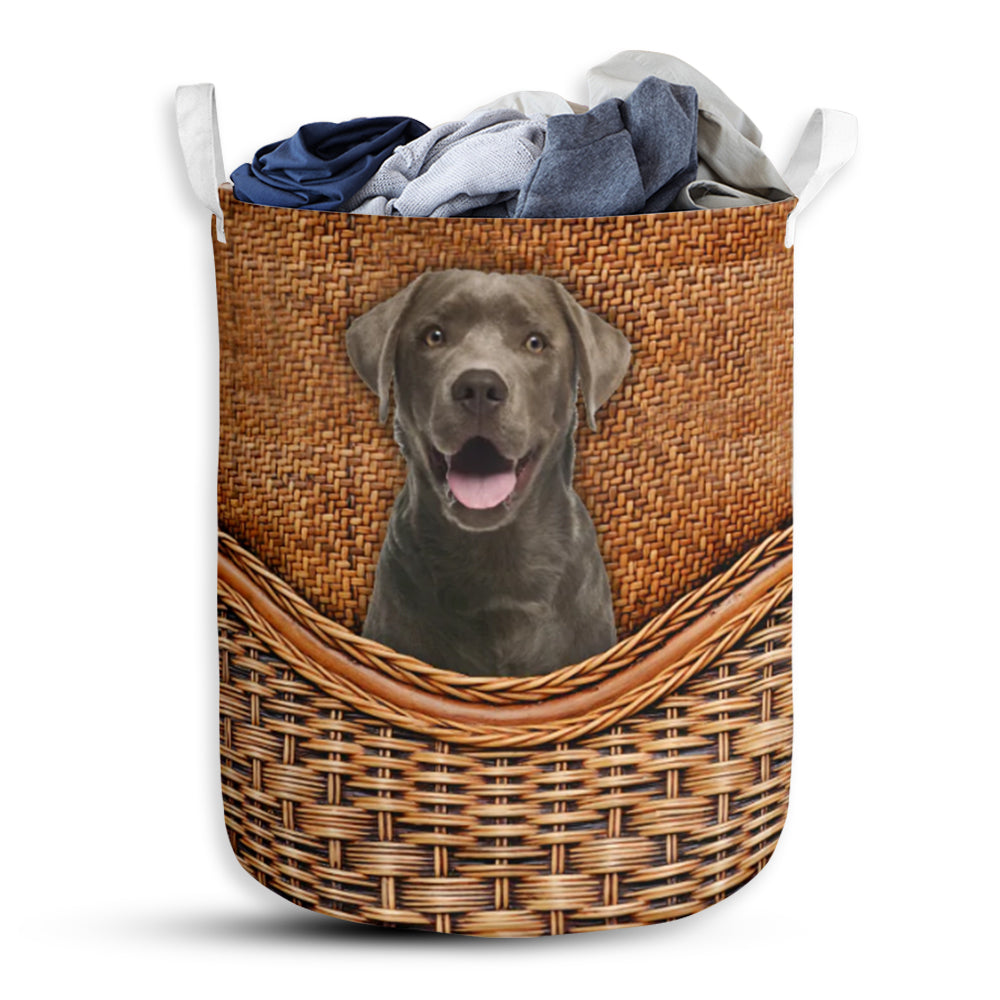 Silver Labrador Dog Rattan Texture Laundry Basket For Bathroom Bedroom Storage